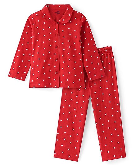 Doodle Poodle 100% Cotton Knit Full Sleeves Night Suit With Polka Dots Print - Red