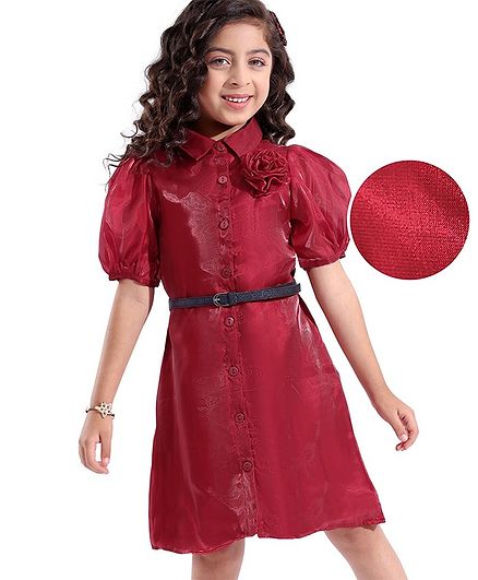 Hola Bonita Woven Puffed Sleeve Shimmer Fabric Shirt Frock With Floral Applique -Red