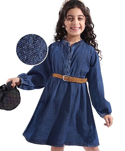 Hola Bonita Peasent Sleeves Denim Frock with Frill Detailing - Blue