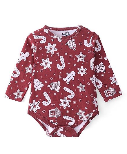 Doodle Poodle 100% Cotton Knit Full Sleeves Christmas Print Onesies - White & Maroon