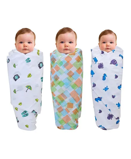 Wonder Wee Mulmul Cotton Swaddle Wrappers Sea Animal Print Pack of 3 - Multicolor