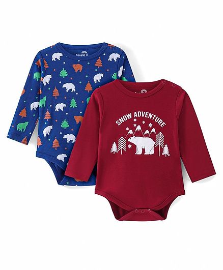 Doodle Poodle 100% Cotton Knit Full Sleeves Snow Bear Printed Onesies Pack of 2 - Blue & Maroon