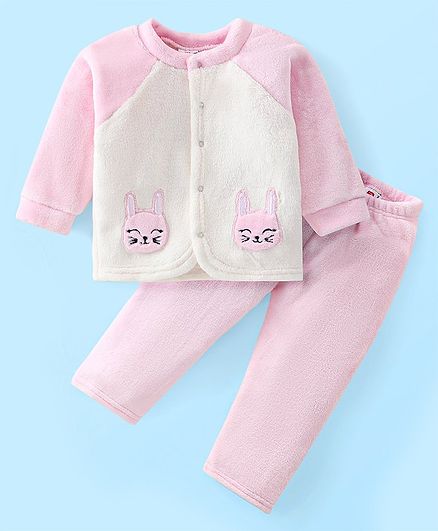 Babyhug Velour Knit Raglan Sleeves Front Open Winter Night Suit With Kitten Applique - Light Pink & White