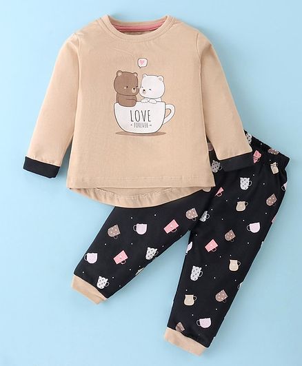 Cucumber Sinker Knit Full Sleeves Top & Lounge Pants Set With Teddy Print - Beige