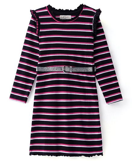 Arias Cotton Stretch Knit Full Sleeves Striped Frock with Frill Detailing - Black