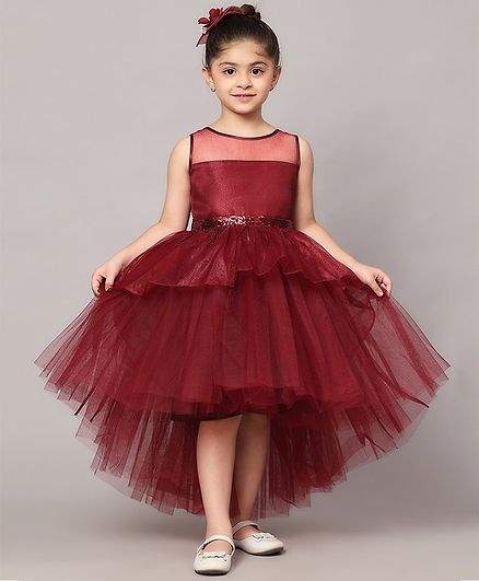 Toy Balloon Kids Sleeveless Sequin Embellished High Low Dress - Burgundy