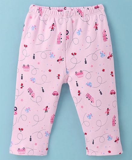 Tango Full Length Fleece & Woollen Pant With Vehicles Print - Pink