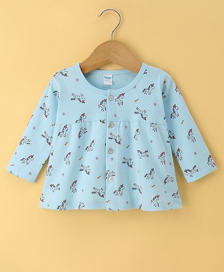 Tango Interlock Knit Full Sleeves Frock With Unicorn Print - Sky Blue