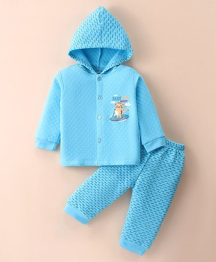 Tango Full Sleeves Hooded Winter Night Suit With Animal Print - Light Blue