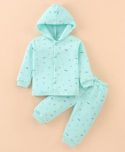 Tango Full Sleeves  Front Open Hooded Winter Night Suit With Text Print - Aqua