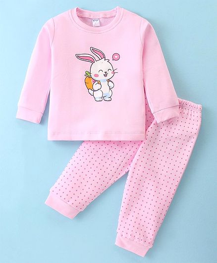 Tango Fleece Knit Full Sleeves Winter Wear Suit With Bunny Print - Light Pink