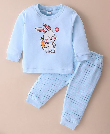 Tango Fleece Knit Full Sleeves Winter Wear Suit With Bunny Print - Sky Blue