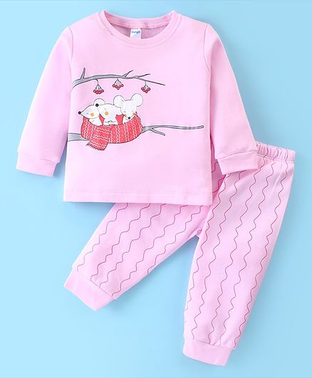 Tango Fleece Knit Full Sleeves Winter Wear Set With Mice Print - Light Pink