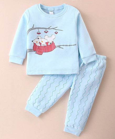 Tango Fleece Knit Full Sleeves Winter Wear Set With Mice Print - Sky Blue