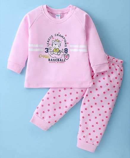 Tango Cotton Full Sleeves Fleece Winter Wear T-Shirt & Pant Set Text & Animal Print - Pink