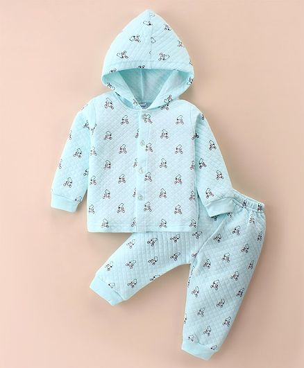 Tango Full Sleeves Hooded Winter Night Suit With Bear Print - Aqua