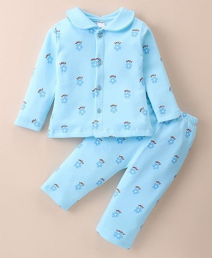 Tango Fleece Knit Full Sleeves Peter Pan Collared Winter Night Suit With Floral Print - Aqua