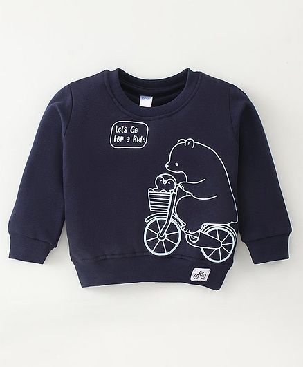 Tango Fleece Knit Winter Wear Full Sleeves T-Shirt with Bear Print - Navy Blue