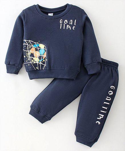 Tango Fleece Knit Full Sleeves Winter Wear Suit With Football Print - Navy