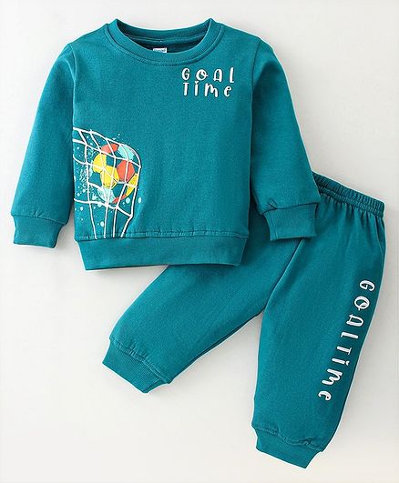 Tango Fleece Knit Full Sleeves Winter Wear Suit With Football Print - Teal Blue