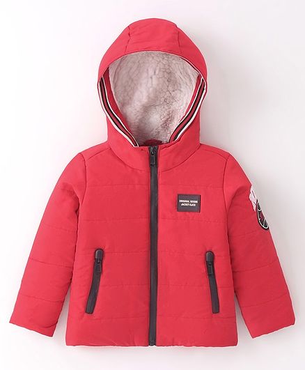 Ruff Woven Full Sleeves Padded Hooded Jacket with Zipper & Pocket Detailing - Red