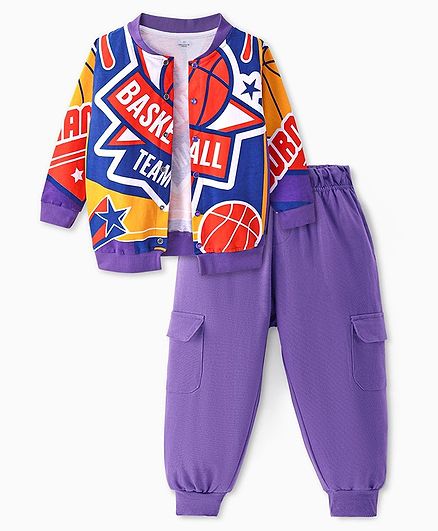 Ollington St. 100% Cotton Knit Full Sleeves Front Zipper Sweatshirt & Joggers Set With Basketball Print - Purple