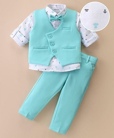 Mark & Mia Full Sleeves Anchor & Light House Printed 3 Piece Party Suit with Bow - Sky Blue