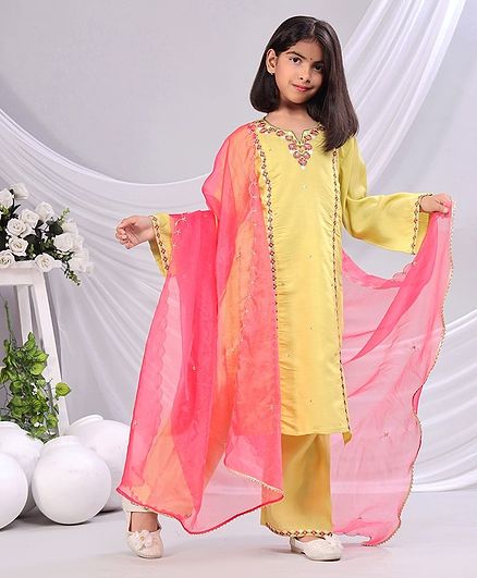 misbis Silk blend Full Sleeves Floral Embroidered & Sequin Embellished Kurta Set With Dupatta-Yellow