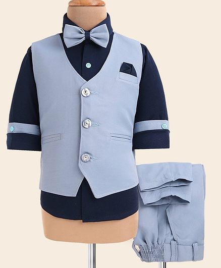 Rikidoos Full Sleeves Solid 3 Piece Party Suit - Navy & Sky Blue