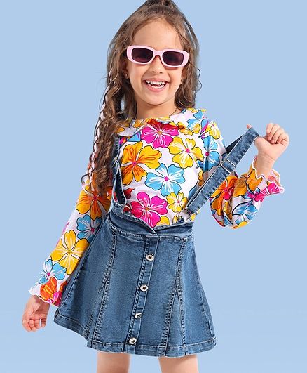 Ollington St. Cotton Sinker Knit Full Sleeves Top with Stretchable Denim Pinafore Skirt  Floral Print - Multicolor