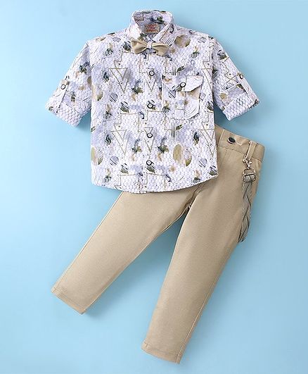 Rikidoos Cotton Full Sleeves Abstract Printed Shirt With Solid Pant Suspender & Bow - White & Light Mustard