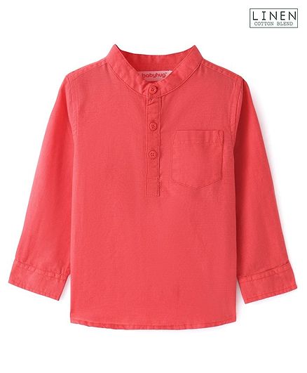 Babyhug Cotton Linen Woven Full Sleeves Mandarin Collar Solid Kurta Shirt - Coral