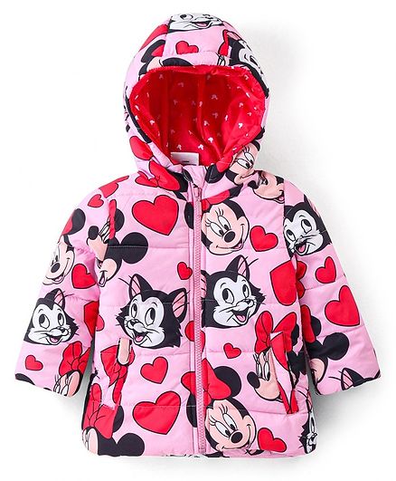 Babyhug Disney Woven Full Sleeves Padded Hooded Jacket with Minnie Mouse & Friends Graphics - Pink