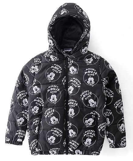 Pine Kids Disney Woven Full Sleeves Padded Hooded Jacket with Mickey Mouse Graphics - Black