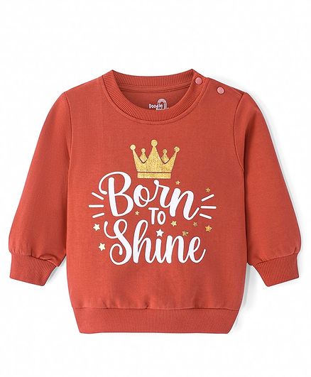 Doodle Poodle 100% Cotton Light Weight Looper Knit Full Sleeves Sweatshirt  with Text & Glitter Print - Rust Orange