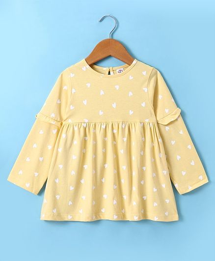 Zero Sinker Knit Full Sleeves Frock With Hearts Print - Mustard