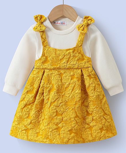 Kookie Kids Full Sleeves T-Shirt With Solid Color Pinafore Dress - Golden & White