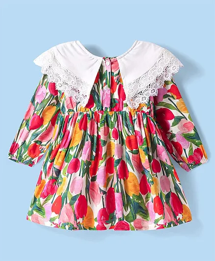 Babyhug Cotton Rayon Woven Full Peasant Sleeves Floral Printed Dress - Pink Red & Green