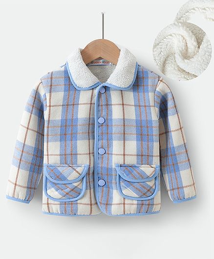 Kookie Kids Full Sleeves Checkered Jacket with Fur Detailing & Pockets - Light Blue