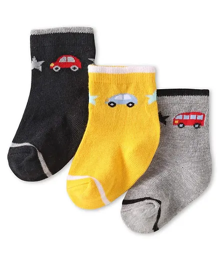Cute Walk by Babyhug Knit Ankle Length Anti Bacterial Socks with Car Design Pack of 3 - Yellow Blue & Grey