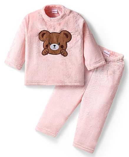 Babyhug Fur Woven Full Sleeves Winter Wear Suit With Bear Design - Pink