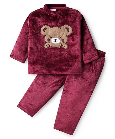 Babyhug Fur Woven Full Sleeves Winter Wear Suit With Bear Design - Maroon