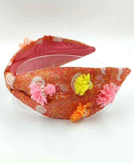 CHOKO - Kids Silk Ethnic  Colourful Turban Hairband for Girls - Pom Pom and Pearl - Orange, White & Pink