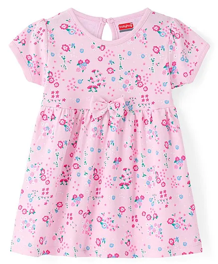 Babyhug Interlock Knit Half Sleeves Floral Printed Frock with Bow Applique - Pink