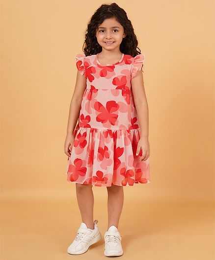 Creative Kids Frill Sleeves 4 Leaf Clovers Printed Tiered Dress - Pink