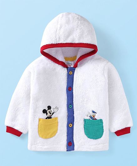 Babyhug Disney Woven Full Sleeves Hooded Fur Jacket with Mickey Mouse & Friends Patch Detailing - White