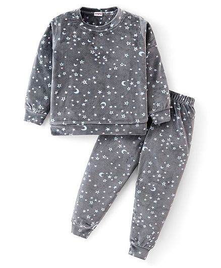 Babyhug Velour Woven Full Sleeves Winter Wear Co-Ord Set With Moon & Stars Print - Grey