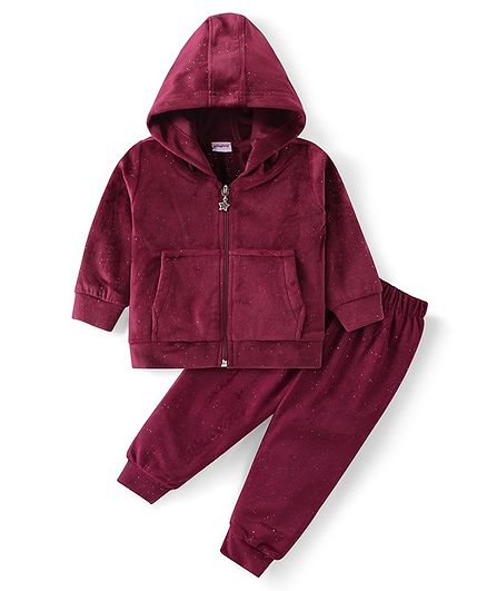 Babyhug Velour Woven Full Sleeves Hooded Front Zipper Winter Wear Co-Ord Set With Kangaroo Pockets - Maroon