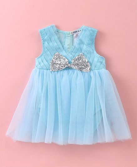 Mark & Mia Sleeveless Solid Colour Party Frock Style Onesie with Pleat  & Sequined Bow Detailing - Light Blue