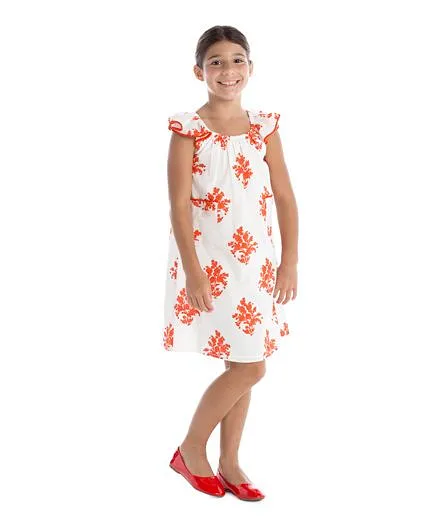 Masala Baby Flutter Sleeves Lined Dress Jardin Print - Coral